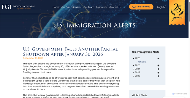 Security scan screenshot of https://fakhouryglobal.com/immigration-alerts/u-s-government-faces-another-partial-shutdown-after-january-30-2026/