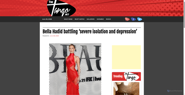 Security scan screenshot of https://thetango.net/2026/06/28/bella-hadid-battling-severe-isolation-and-depression/