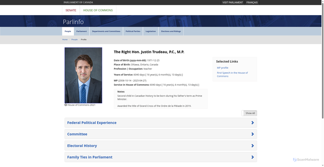 Security scan screenshot of https://lop.parl.ca/sites/ParlInfo/default/en_CA/People/Profile?personId=17300