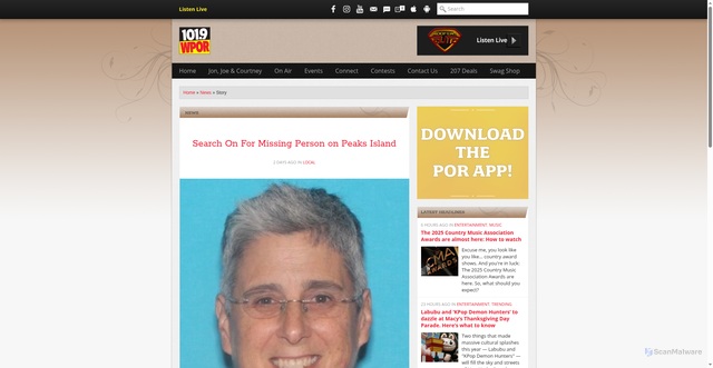 Security scan screenshot of https://1019por.com/news/074470-074470-search-on-missing-person-on-peaks-island/