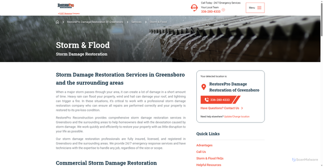 Security scan screenshot of https://fleetdamagerestoration.com/restorepro/locations/nc/restorepro-damage-restoration-of-greensboro/services/storm-flood-restoration/