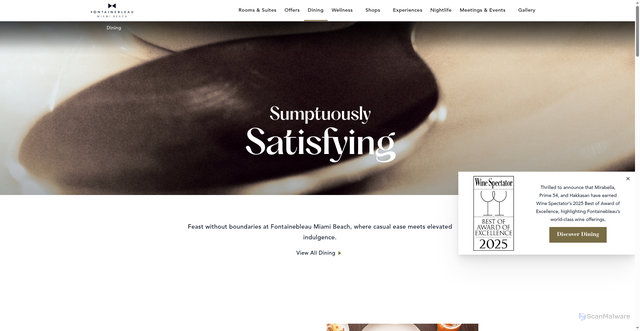 Security scan screenshot of https://www.fontainebleau.com/miamibeach/dining/