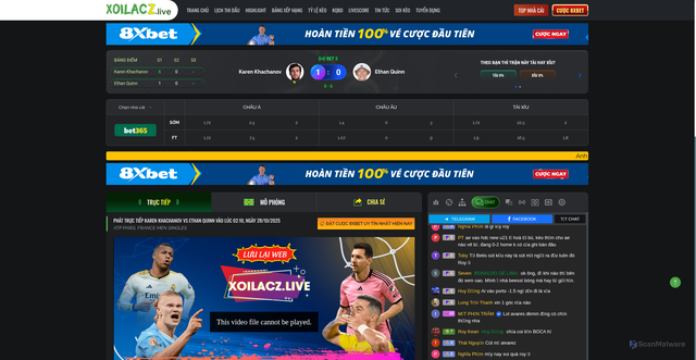 Security scan screenshot of https://pidruchniki.com/truc-tiep/karen-khachanov-vs-ethan-quinn-luc-0210-ngay-28-10-2025/link/0/