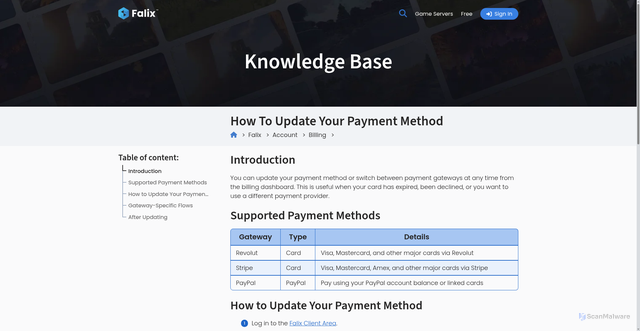 Security scan screenshot of https://knowledge-base-5i1.pages.dev/falix/account/billing/update-payment-method