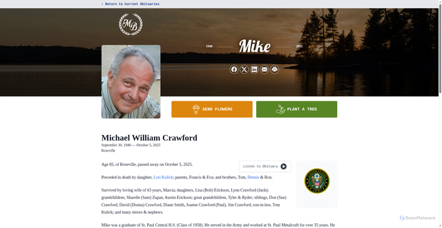 Security scan screenshot of https://www.muellerbies.com/obituaries/michael-crawford