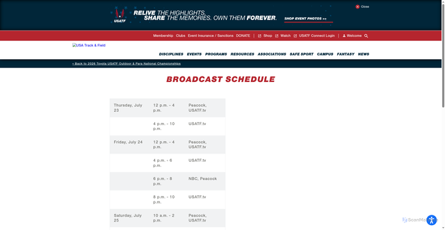 Security scan screenshot of https://www.usatf.org/events/2026/2026-toyota-usatf-outdoor-para-national-championsh/broadcast-schedule