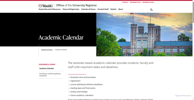Security scan screenshot of https://registrar.washu.edu/calendars-exams/academic-calendar/