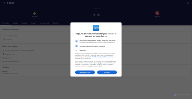 Security scan screenshot of https://m.elbotola.com/en/analytics/match/1l4rjnh9ze09m7v/