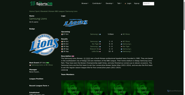 Security scan screenshot of https://www.thesportsdb.com/team/139825-samsung-lions