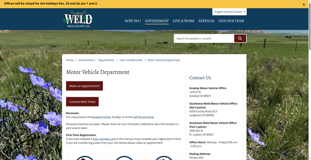 Security scan screenshot of https://www.weld.gov/Government/Departments/Clerk-and-Recorder/Motor-Vehicle-Department