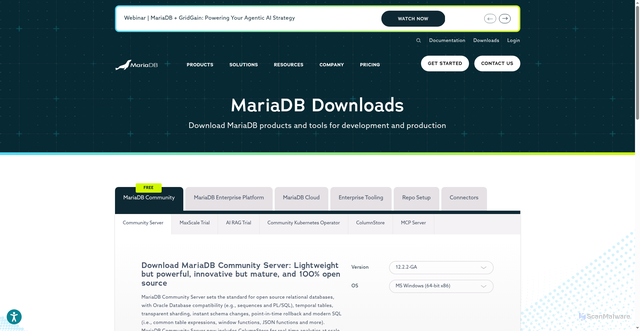 Security scan screenshot of https://custom-downloads.mariadb.com