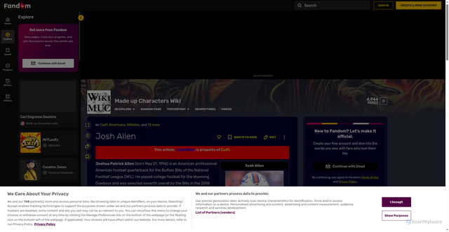 Security scan screenshot of https://muc.fandom.com/wiki/Josh_Allen