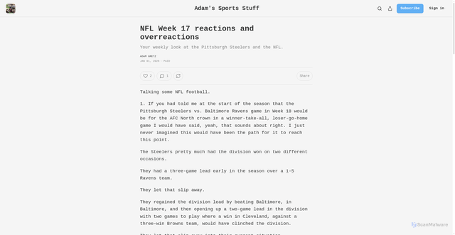 Security scan screenshot of https://adamgretz.substack.com/p/nfl-week-17-reactions-and-overreactions