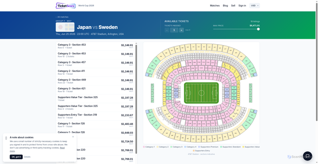 Security scan screenshot of https://ticketscore.net/world-cup-2026-tickets/match/57/japan-vs-sweden