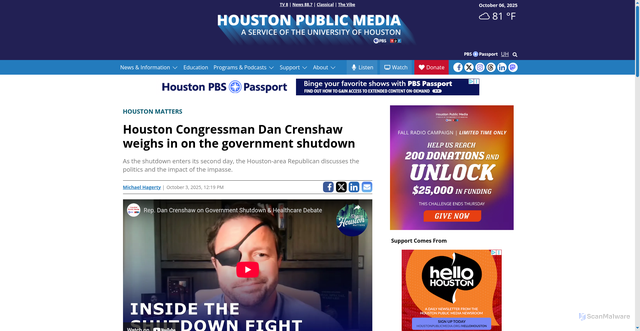 Security scan screenshot of https://www.houstonpublicmedia.org/articles/shows/houston-matters/2025/10/03/532574/houston-congressman-dan-crenshaw-weighs-in-on-the-government-shutdown/