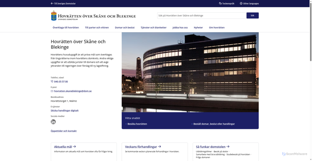 Security scan screenshot of https://www.hovrattenskaneblekinge.domstol.se