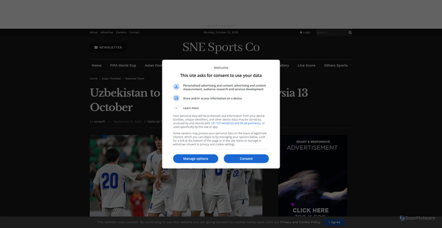 Security scan screenshot of https://snesports.co/uzbekistan-to-face-uruguay-in-malaysia-13-october/