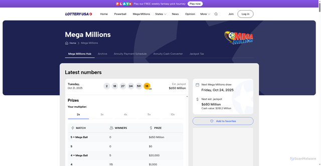 Security scan screenshot of https://www.lotteryusa.com/mega-millions/
