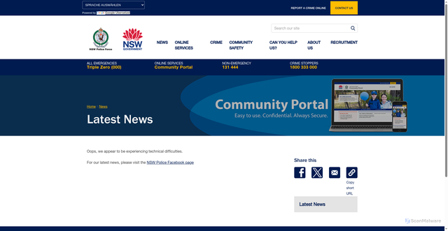 Security scan screenshot of https://www.police.nsw.gov.au/news/news_article?sq_content_src=%2BdXJsPWh0dHBzJTNBJTJGJTJGZWJpenByZC5wb2xpY2UubnN3Lmdvdi5hdSUyRm1lZGlhJTJGMTIyMDQzLmh0bWwmYWxsPTE%3D