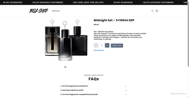 Security scan screenshot of https://belaashop.com/products/midnight-set-3-100ml-edp