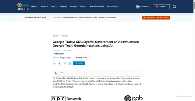 Security scan screenshot of https://www.gpb.org/news/2025/10/14/georgia-today-cdc-layoffs-government-shutdown-affects-georgia-tech-georgia