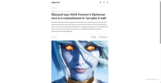 Security scan screenshot of https://chiprook.com/s/10316-blizzard-says-wow-forever-s-skyborne-race-is-a-commitment-to-not-play