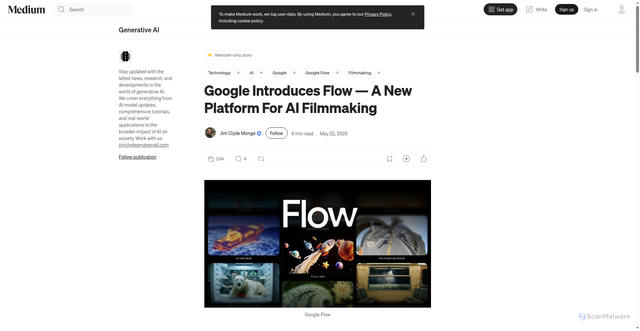 Security scan screenshot of https://generativeai.pub/google-introduces-flow-a-new-platform-for-ai-filmmaking-4036a86ed4a4