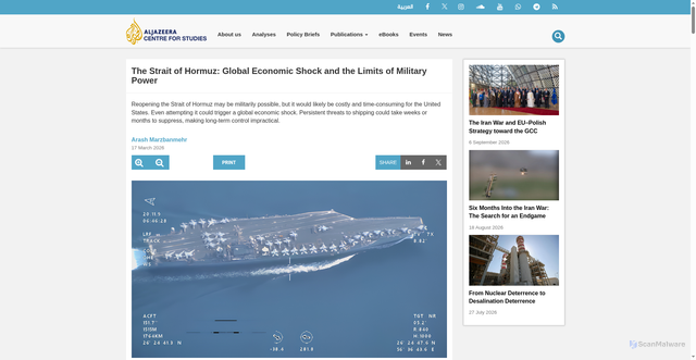 Security scan screenshot of http://studies.aljazeera.net/en/analyses/strait-hormuz-global-economic-shock-and-limits-military-power
