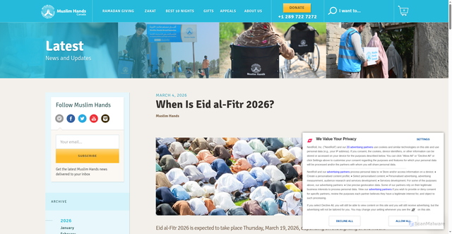 Security scan screenshot of https://muslimhands.ca/latest/2026/03/when-is-eid-al-fitr-2026
