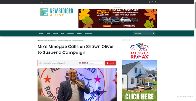 Security scan screenshot of https://www.newbedfordguide.com/mike-minogue-calls-on-shawn-oliver-to-suspend-campaign/2026/10/18
