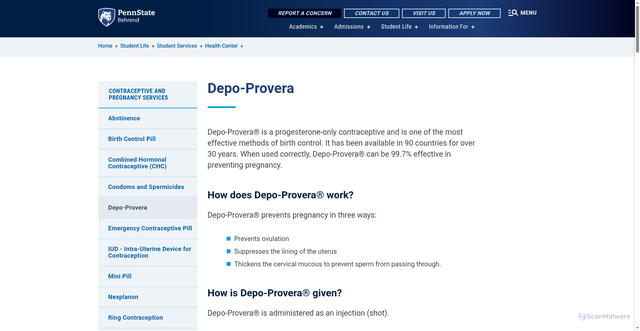 Security scan screenshot of https://behrend.psu.edu/student-life/student-services/health/services/contraceptive-services/depo-provera