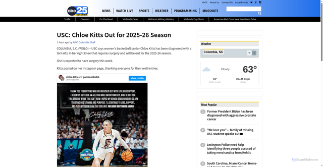 Security scan screenshot of https://www.abccolumbia.com/2025/10/13/usc-chloe-kitts-out-for-2025-26-season/