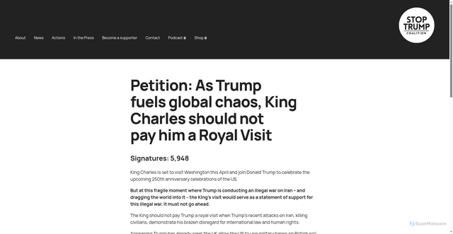 Security scan screenshot of https://stoptrump.org.uk/petition-no-royal-visit/