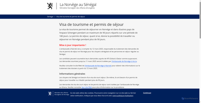 Security scan screenshot of https://www.norway.no/fr/senegal/visa-tourisme-permis-sejour/