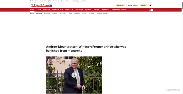 Security scan screenshot of https://www.thetelegraphandargus.co.uk/news/national/25869351.andrew-mountbatten-windsor-former-prince-banished-monarchy/