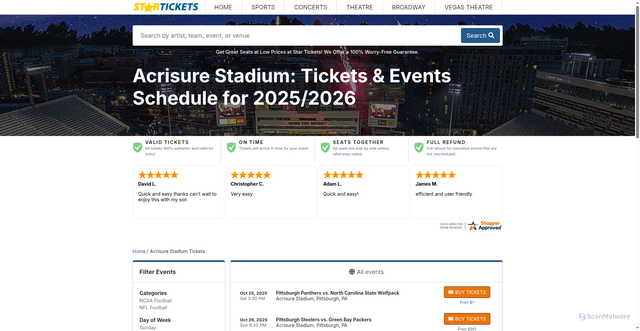 Security scan screenshot of https://www.startickets.com/pa/pittsburgh/acrisure-stadium-tickets