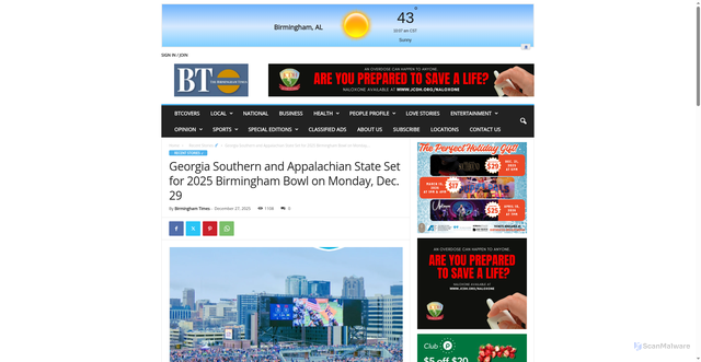 Security scan screenshot of https://www.birminghamtimes.com/2025/12/georgia-southern-and-appalachian-state-set-for-2025-birmingham-bowl-on-monday-dec-29/