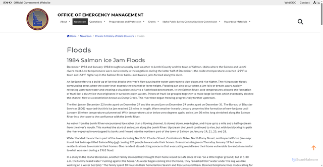 Security scan screenshot of https://ioem.idaho.gov/news/a-history-of-idaho-disasters/floods/