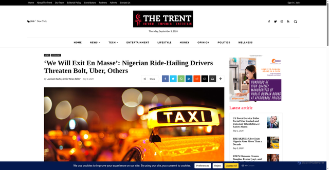 Security scan screenshot of https://www.thetrentonline.com/we-will-exit-en-masse-nigerian-ride-hailing-drivers-threaten-bolt-uber-others/