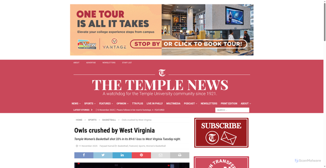 Security scan screenshot of https://temple-news.com/owls-crushed-by-west-virginia/