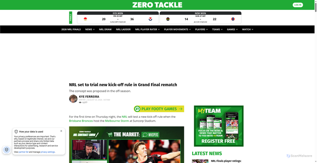 Security scan screenshot of https://www.zerotackle.com/nrl-set-to-trial-new-kick-off-rule-in-grand-final-rematch-237352/