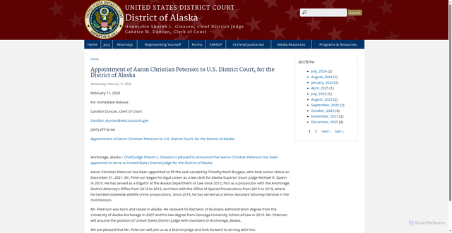 Security scan screenshot of https://www.akd.uscourts.gov/news/appointment-aaron-christian-peterson-us-district-court-district-alaska