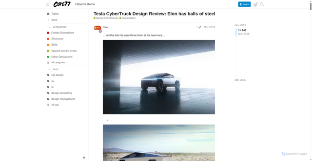 Security scan screenshot of https://boards.core77.com/t/tesla-cybertruck-design-review-elon-has-balls-of-steel/32186