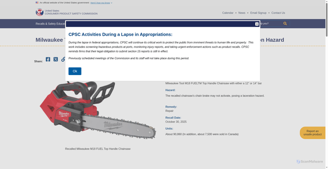 Security scan screenshot of https://www.cpsc.gov/Recalls/2026/Milwaukee-Tool-Recalls-M18-FUEL-14-and-12-Top-Handle-Chainsaws-Due-to-Laceration-Hazard