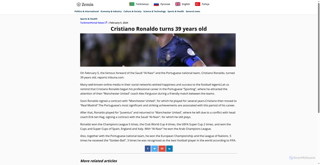 Security scan screenshot of https://www.yerzemin.com/display/cristiano-ronaldo-turns-39-years-old/292438