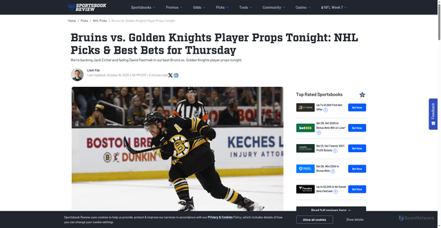 Security scan screenshot of https://www.sportsbookreview.com/picks/nhl/bruins-vs-golden-knights-player-props-oct-16-2025/