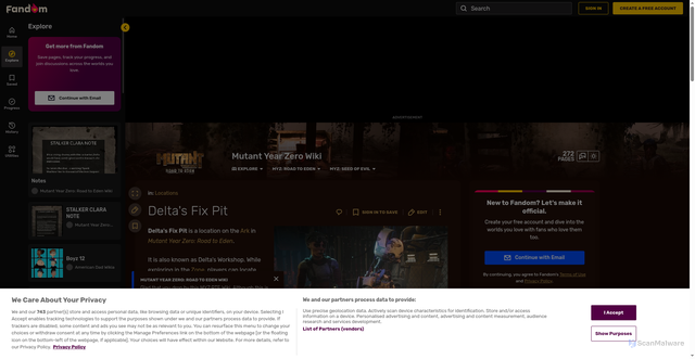 Security scan screenshot of https://mutantyearzero.fandom.com/wiki/Delta%27s_Fix_Pit
