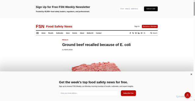 Security scan screenshot of https://www.foodsafetynews.com/2025/10/ground-beef-recalled-because-of-e-coli/