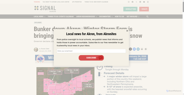 Security scan screenshot of https://signalakron.org/bunker-down-akron-winter-storm-fern-is-bringing-extremely-cold-weather-lots-of-snow/