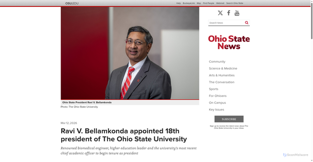 Security scan screenshot of https://news.osu.edu/ravi-v-bellamkonda-appointed-18th-president-of-the-ohio-state-university/